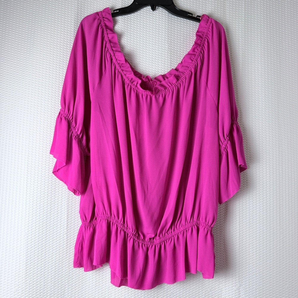 Lauren Ralph Lauren Blouse Women 3X Pink Ruffle Neck Bell Sleeve Peplum Chiffon